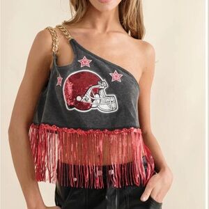 One-Shoulder Gray and Red Fringe Crop Top